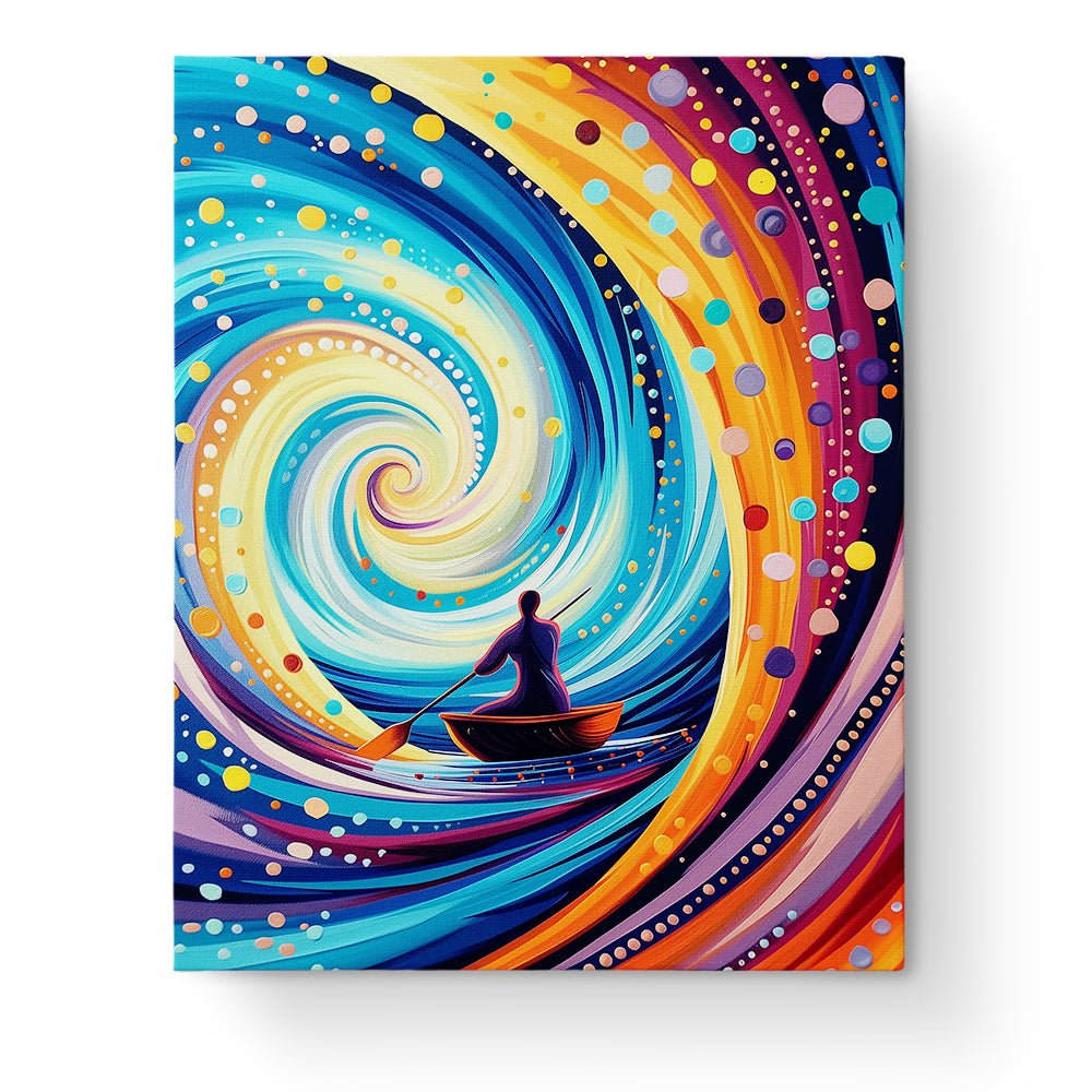 Fixed paint by numbers kit, 24 colors, 16x20in. Swirling galaxy with a boat. Ideal for relaxation and mindfulness.