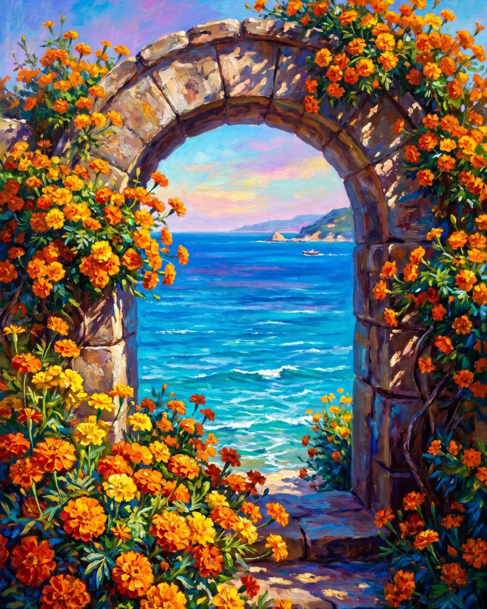 Seaside Archway with Blossoms - Places - BestPaintByNumbers - Paint by Numbers Custom Kit