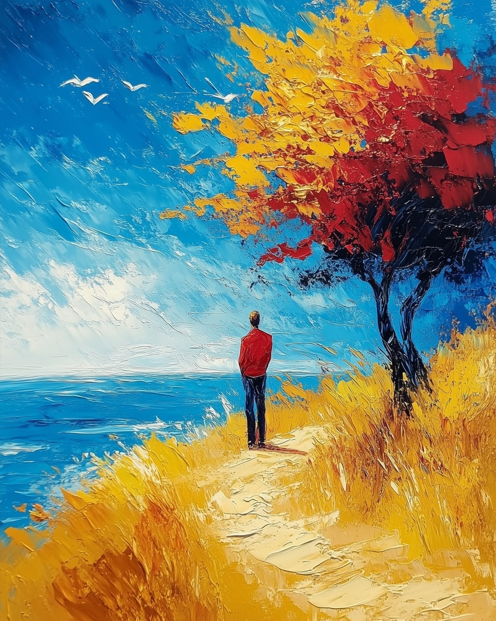 Seaside Stroll under Autumn Tree - Impressionist - BestPaintByNumbers - Paint by Numbers Custom Kit