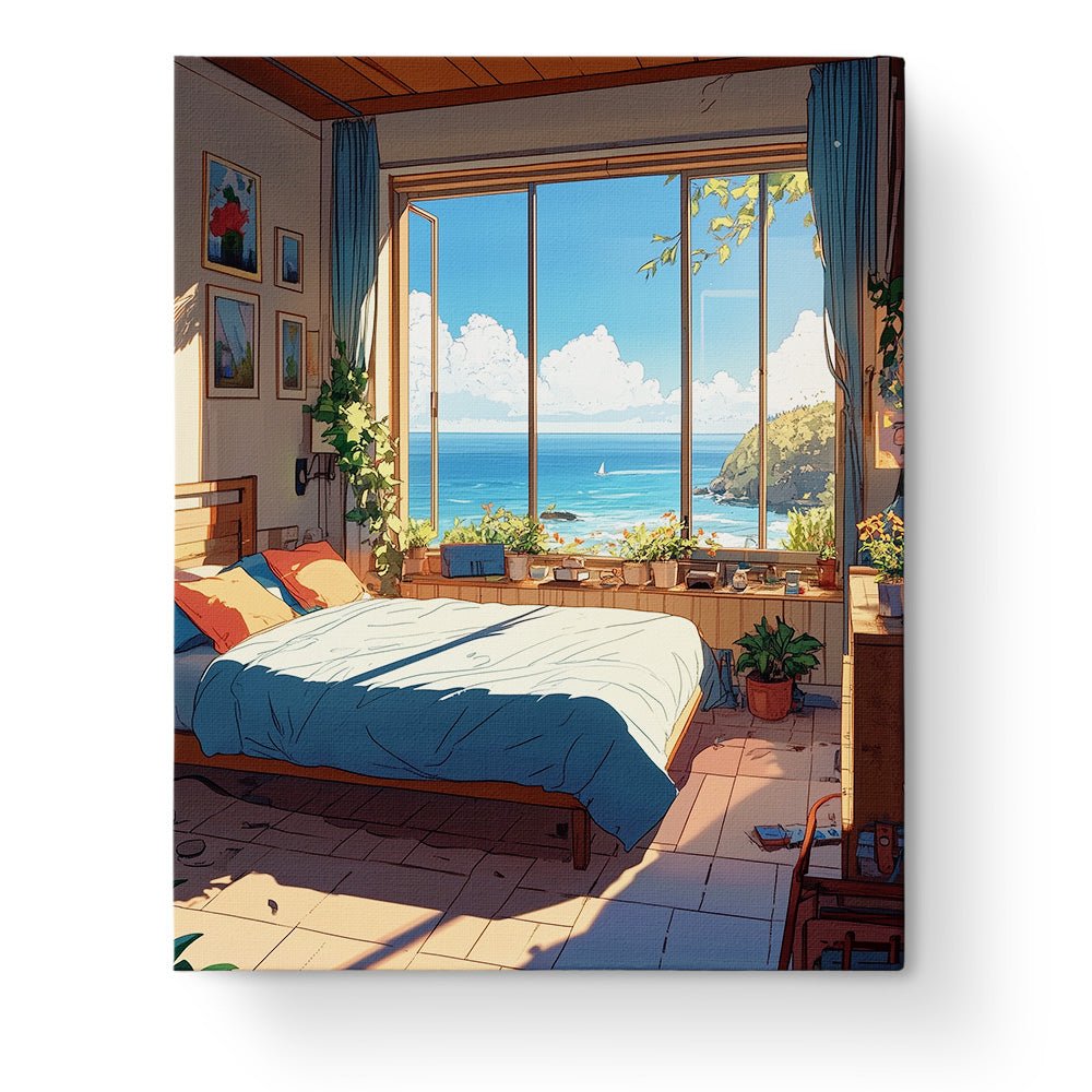 Serene Beach View from Bedroom - Lo - Fi - BestPaintByNumbers - Paint by Numbers Custom Kit