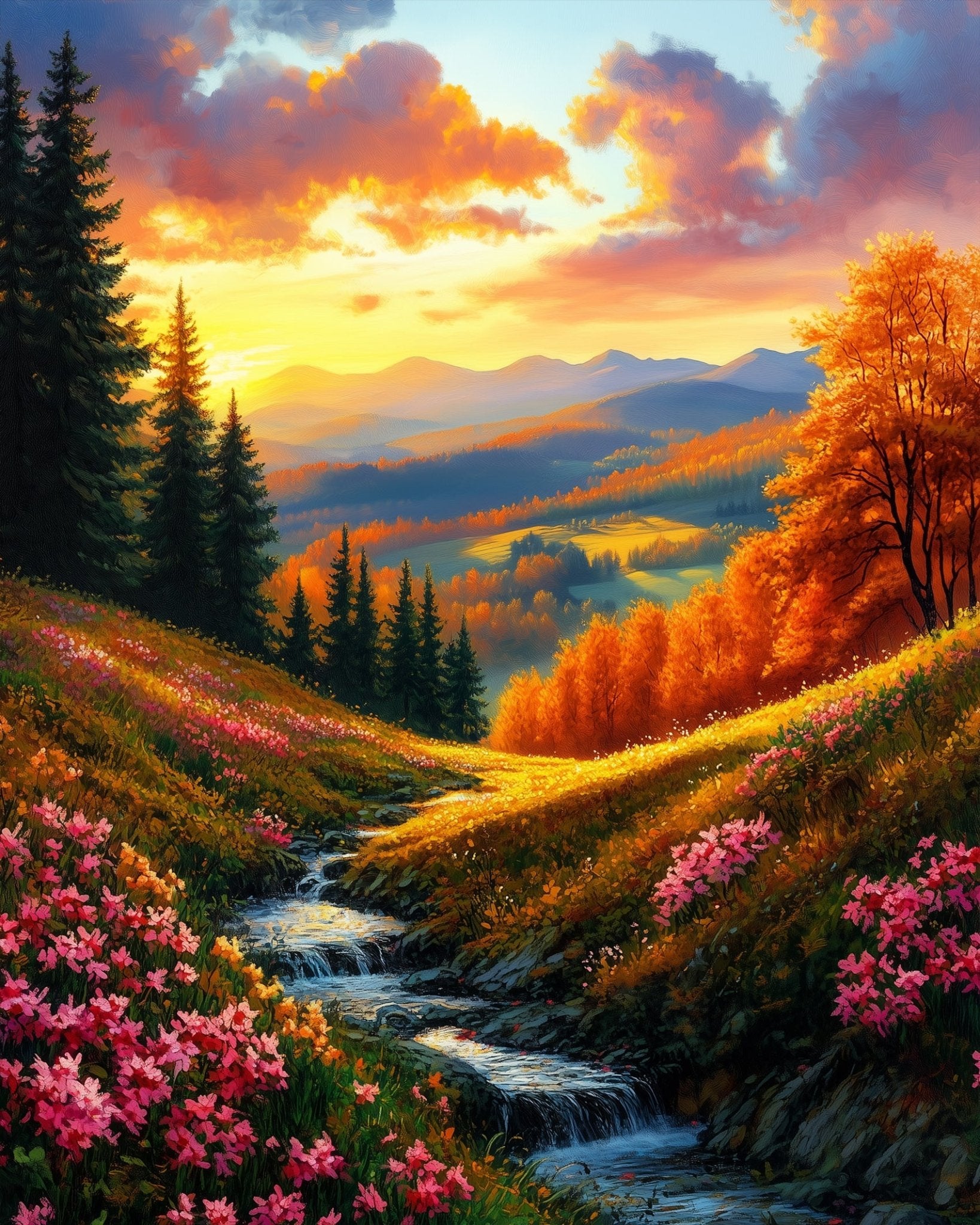 Serene Sunset Over Blossoming Valley - Landscape - BestPaintByNumbers - Paint by Numbers Custom Kit