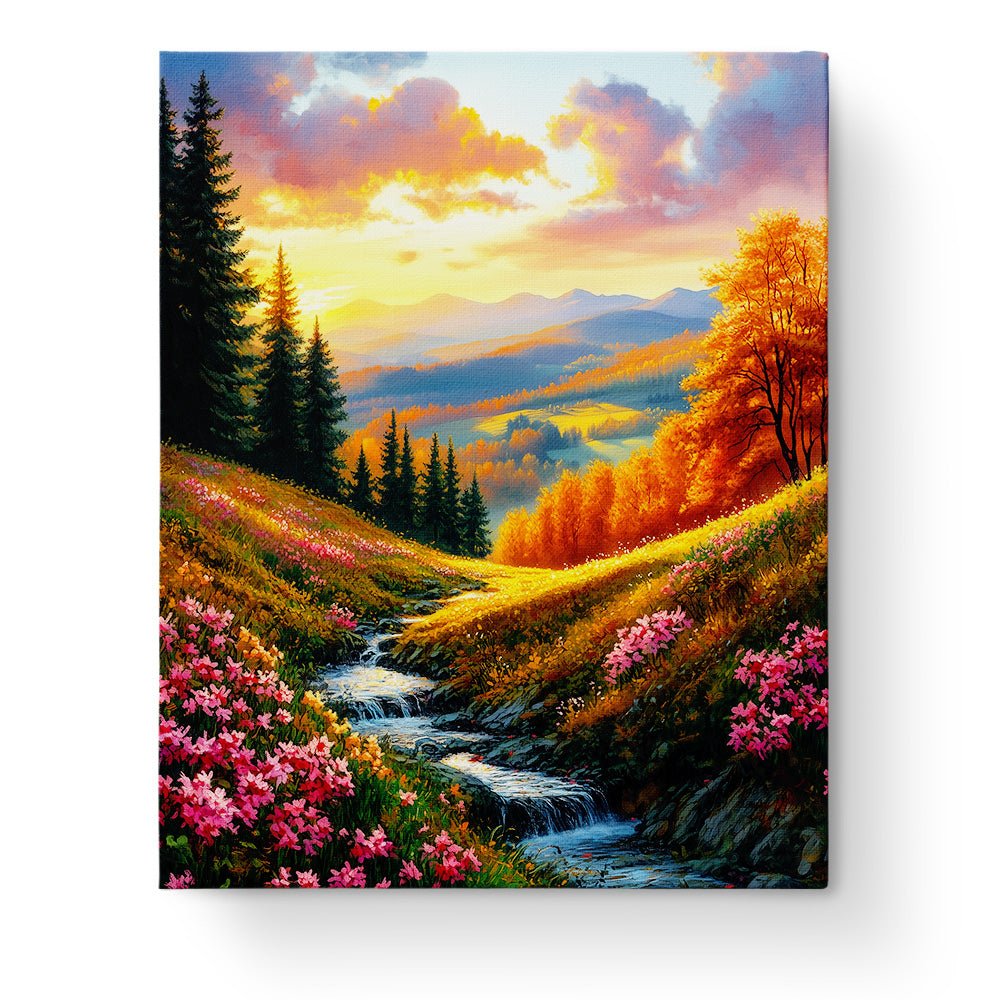 Serene Sunset Over Blossoming Valley - Landscape - BestPaintByNumbers - Paint by Numbers Custom Kit