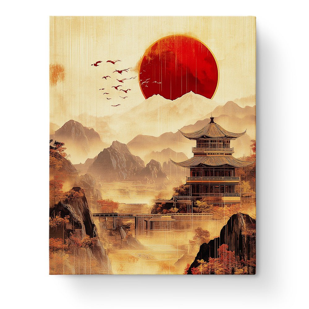 Serene Temple Under Crimson Sun - Asian Art - BestPaintByNumbers - Paint by Numbers Custom Kit