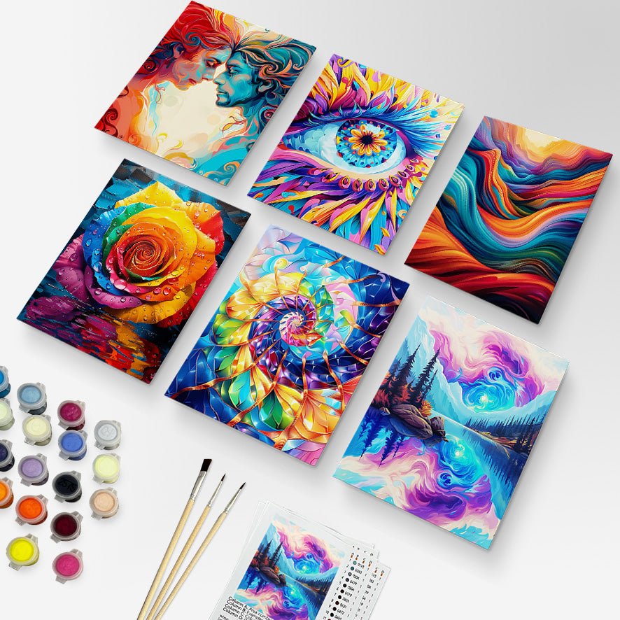 Fixed paint by numbers kit, 24 colors, 12x16in. Colorful swirling patterns. Promotes relaxation and mindfulness.