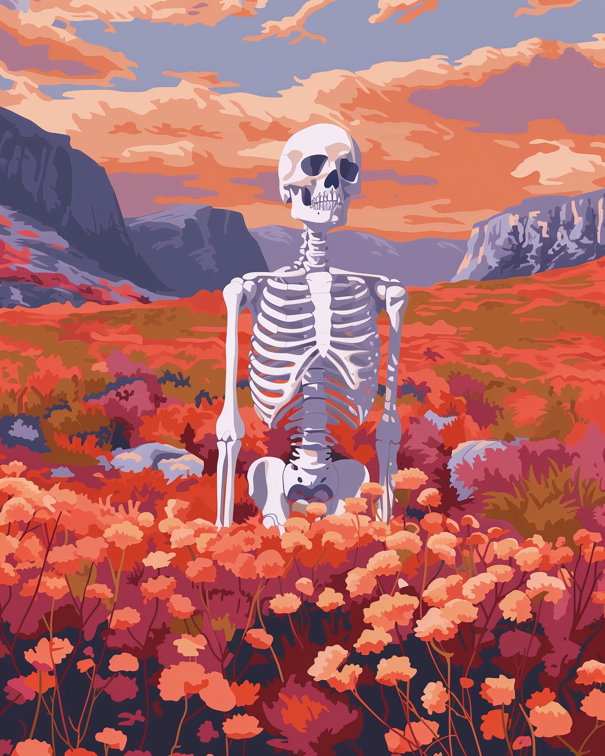 Fixed kit, 24 colors, 16x20in. Bold skeleton scene with floral backdrop. A mindful activity for stress relief and creativity.