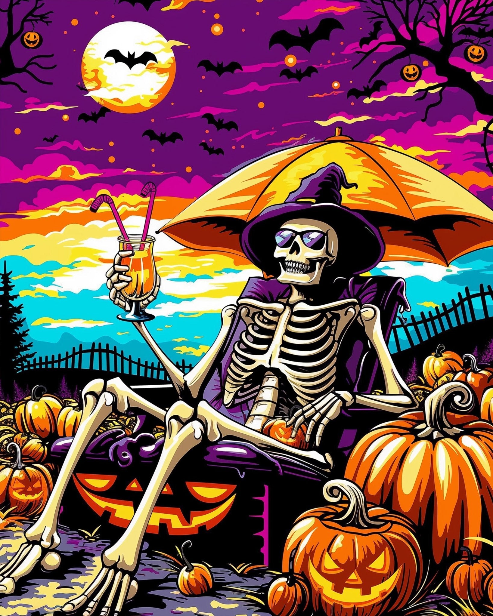 Fixed kit, 24 colors, 16x20in. Skeleton under a colorful sky. Meditative and creative Halloween activity.