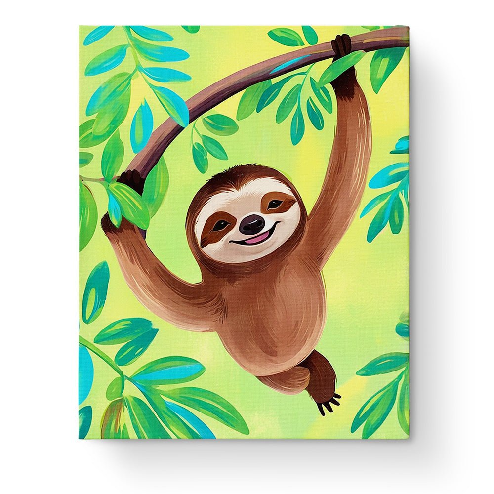 Fixed paint by numbers kit, 24 colors, 16x20in. Happy sloth hanging on a branch. Creative fun for kids.