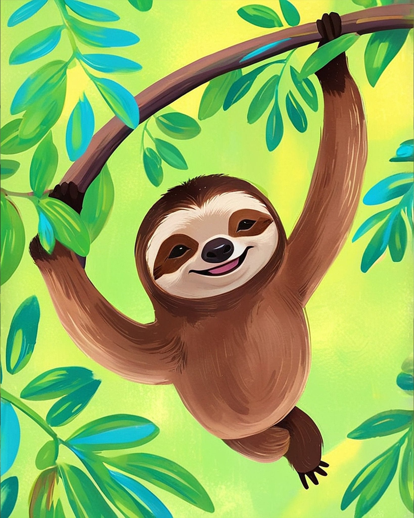 Fixed kit, 24 colors, 16x20in. Smiling sloth in vibrant greenery. Ideal for mindfulness and relaxation.