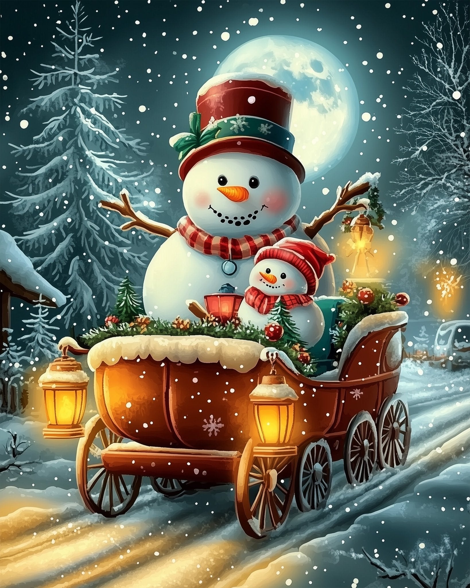 Snowman Sleigh Ride - Christmas - BestPaintByNumbers - Paint by Numbers Custom Kit