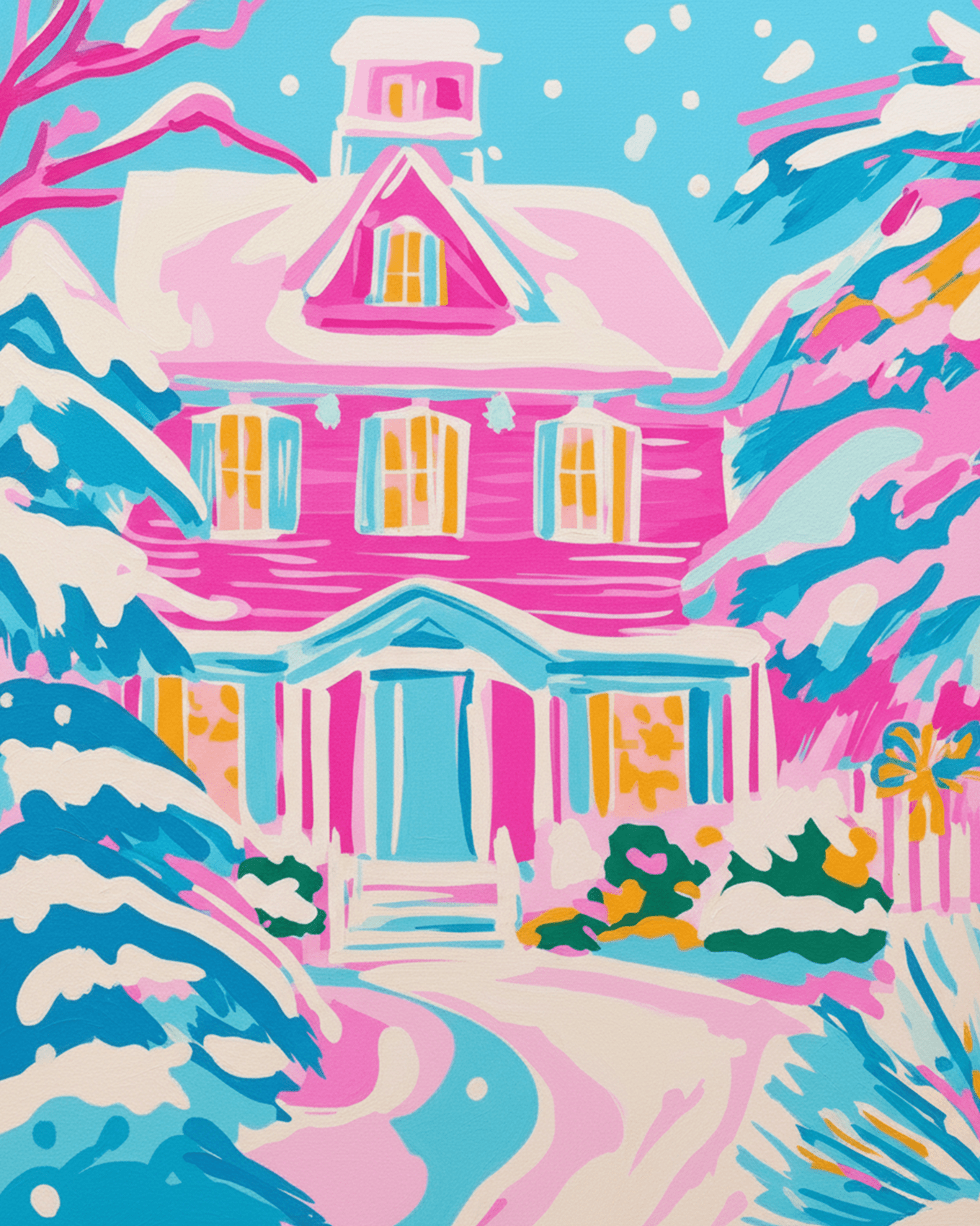 Snowy Pink Cottage - Christmas - BestPaintByNumbers - Paint by Numbers Custom Kit