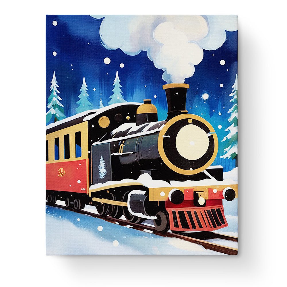 Fixed paint by numbers kit, 24 colors, 16x20in. A snowy train adventure with vibrant hues. For kids' creativity.