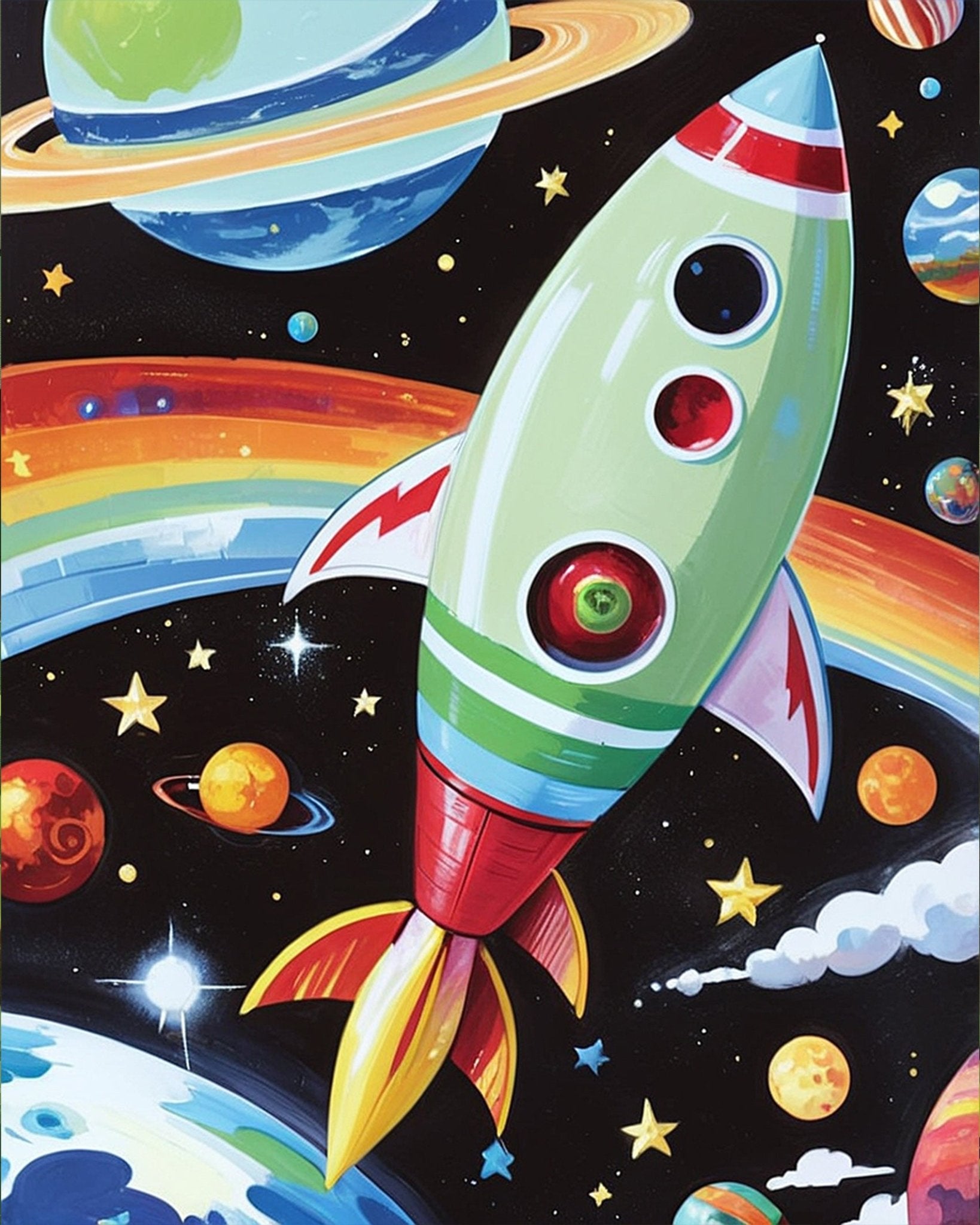 Space-themed fixed kit, 24 colors, 16x20in. Rocket and stars. Ideal for creative relaxation and cosmic fun.