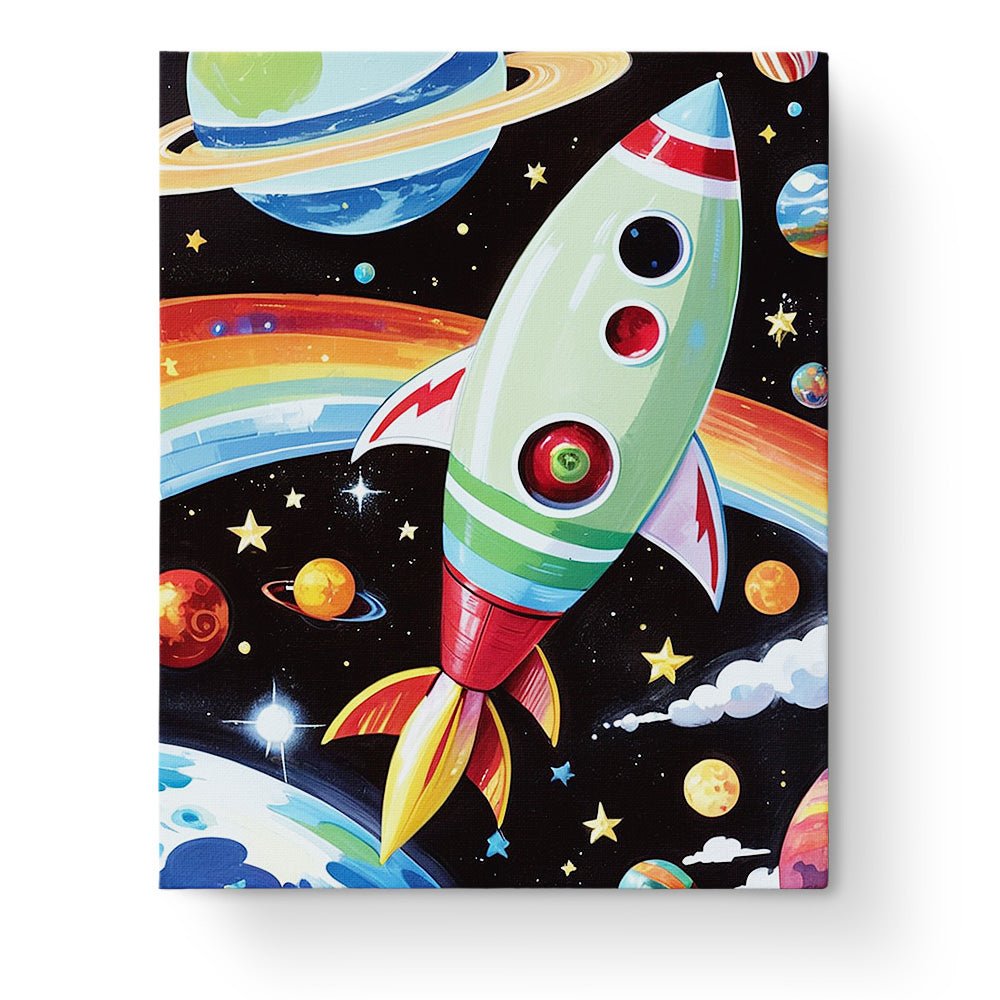 Fixed paint by numbers kit, 24 colors. Rocket in space with planets. Fun and mindful activity for kids.