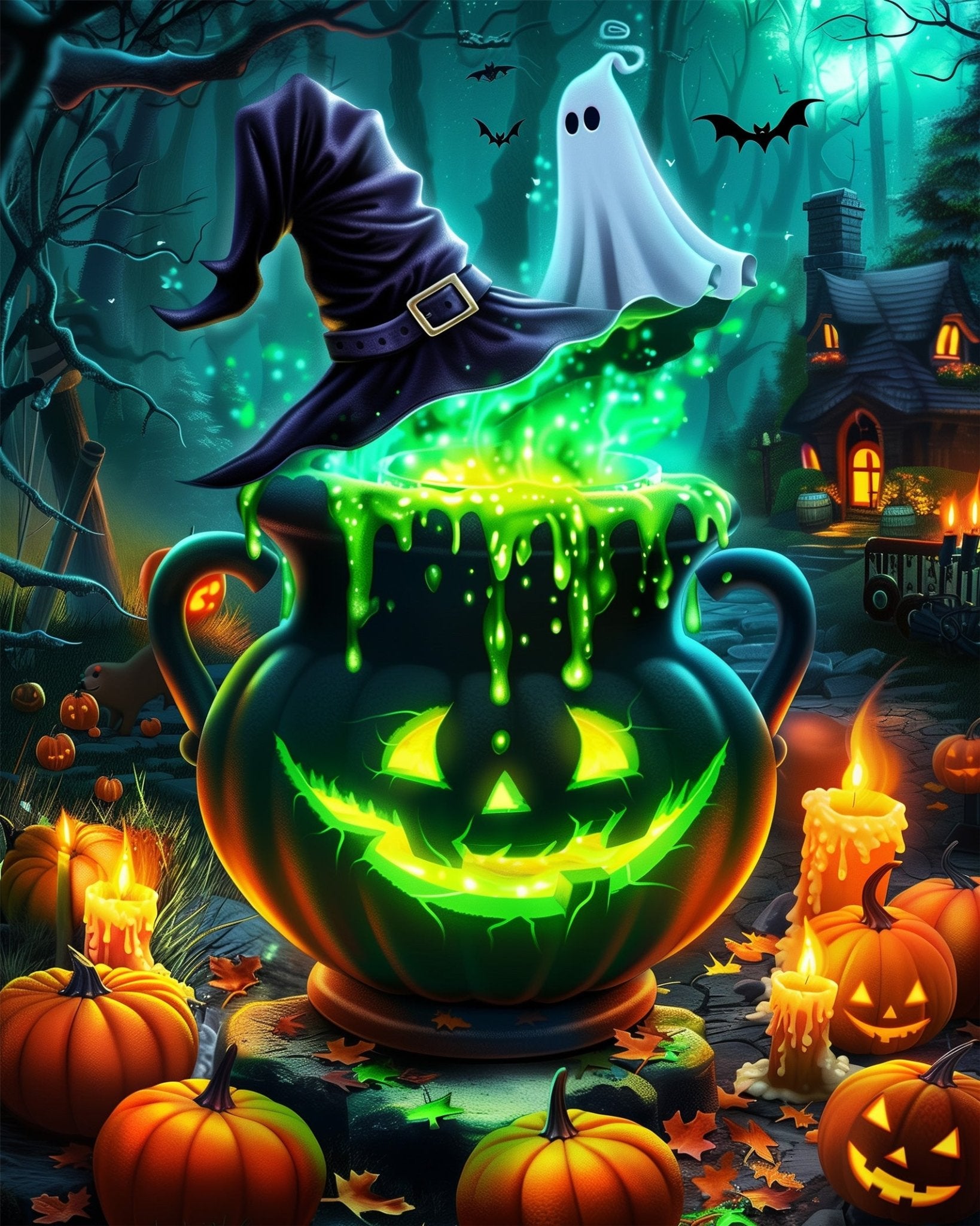 Fixed kit, 24 colors, 12x16in. Magical Halloween cauldron with ghostly charm. Ideal for a calming painting break.