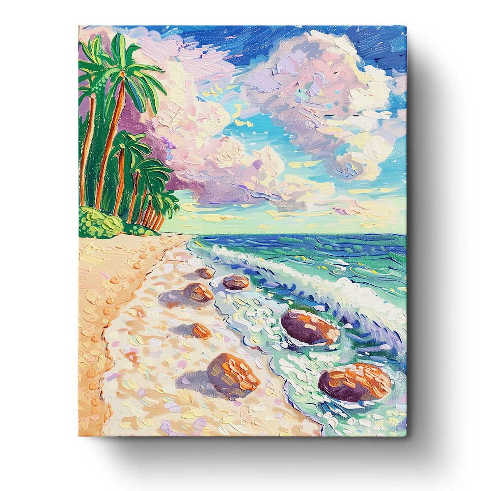 Fixed kit, 24 colors, 16x20in. Tranquil beach scene with palm trees. Perfect for relaxation and creative escape.