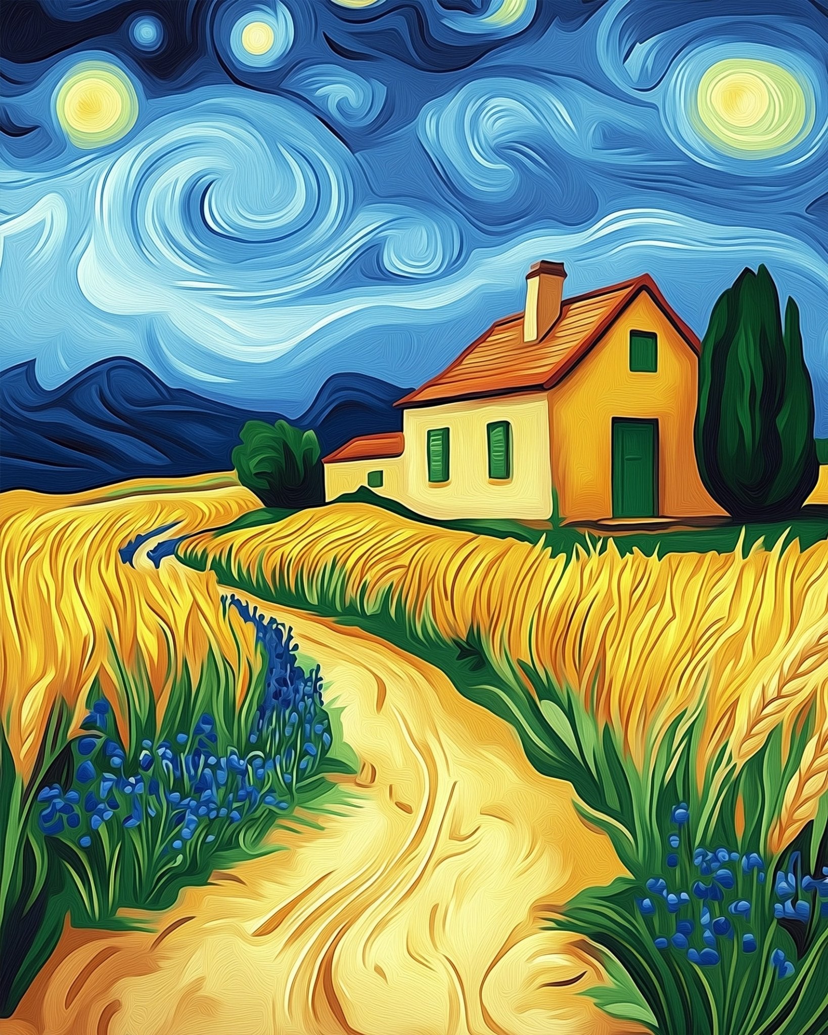 Starry Night Cottage - Landscapes - BestPaintByNumbers - Paint by Numbers Custom Kit