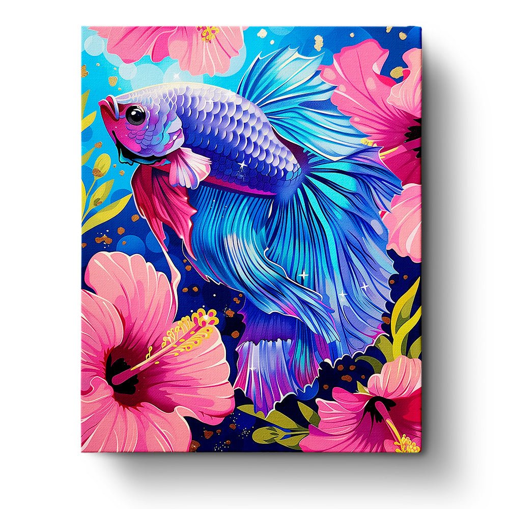 Fixed paint by number kit, 24 colors, 16x20in. A vibrant betta fish with blossoms promotes creative relaxation.