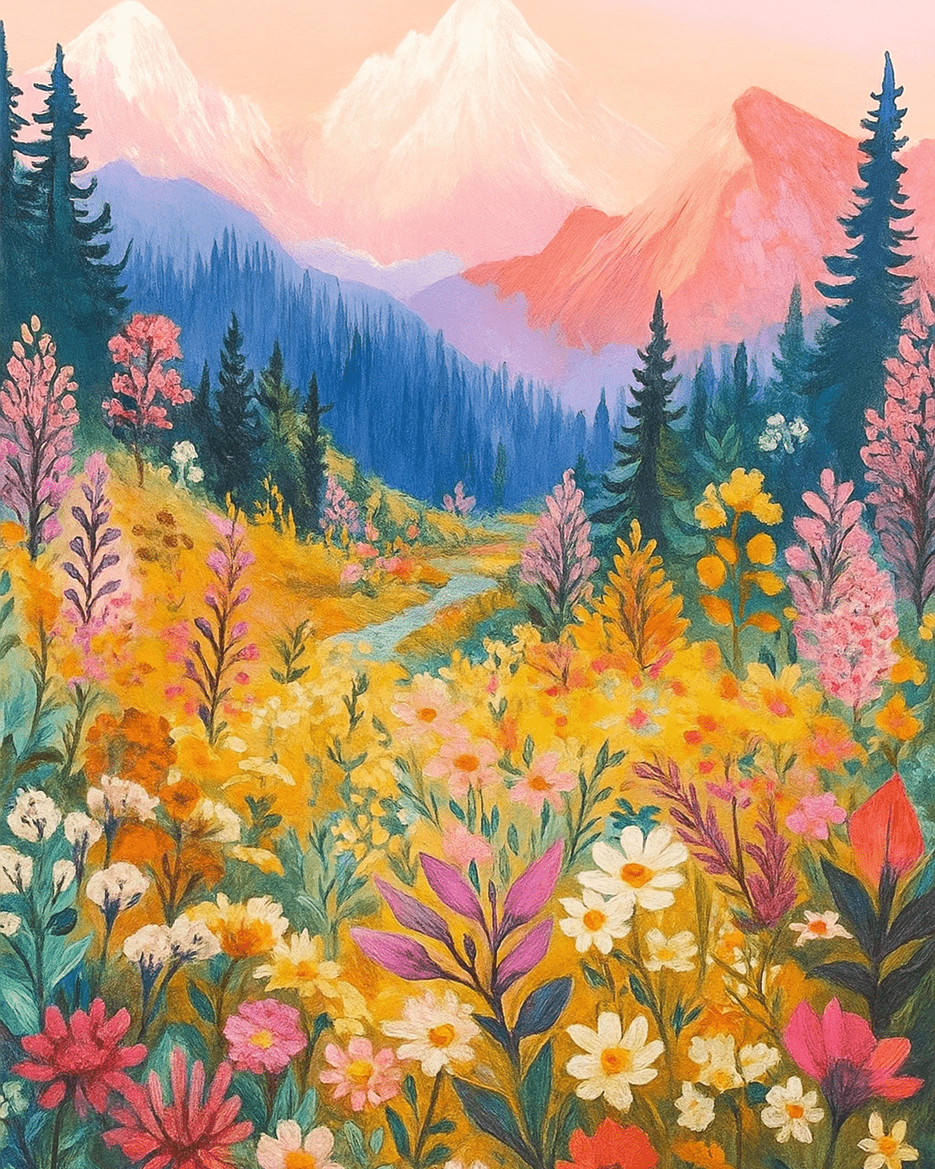 Sunlit Mountain Meadow - Landscape - BestPaintByNumbers - Paint by Numbers Custom Kit
