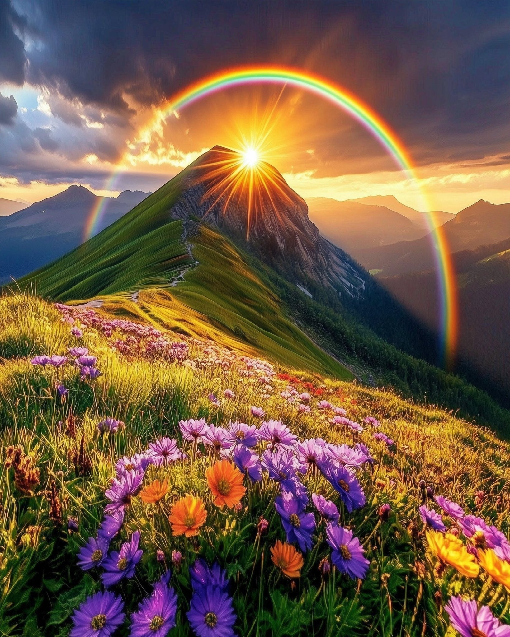 Sunlit Mountain with Flowers - Landscape - BestPaintByNumbers - Paint by Numbers Custom Kit