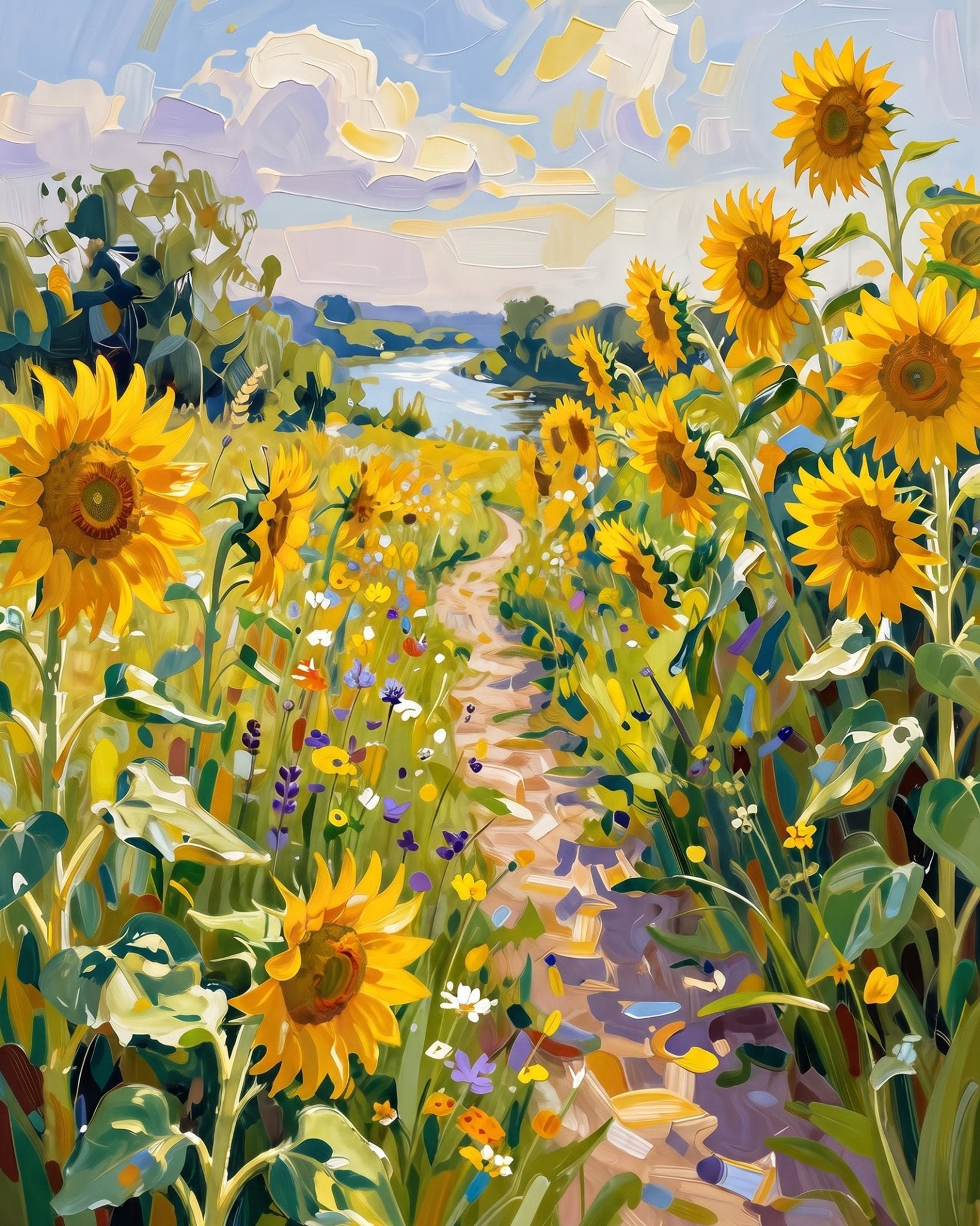 Sunlit Pathway with Sunflowers - Flowers - BestPaintByNumbers - Paint by Numbers Custom Kit