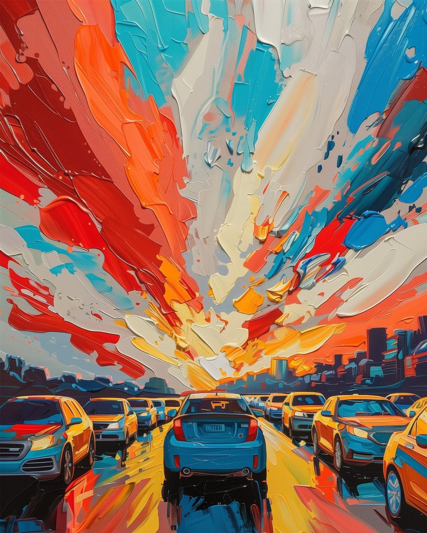 Fixed kit, vibrant 24 colors, city traffic at sunset. Meditative art activity for relaxation and stress relief.