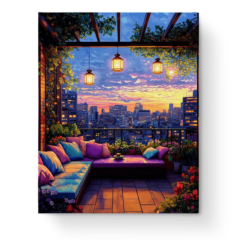 Tranquil City Sunset Terrace - Lo - Fi - BestPaintByNumbers - Paint by Numbers Custom Kit