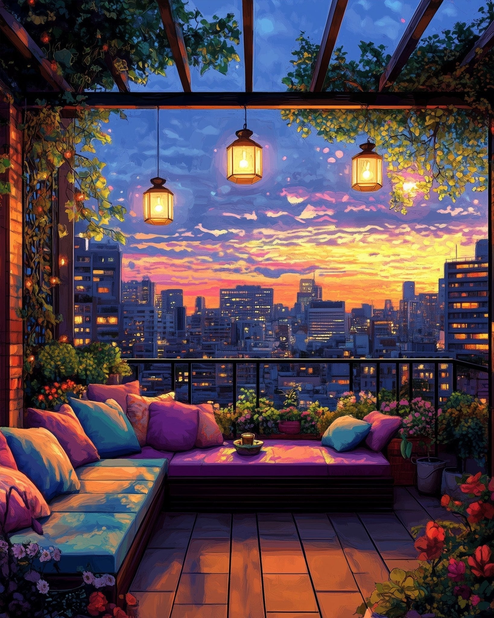 Tranquil City Sunset Terrace - Lo - Fi - BestPaintByNumbers - Paint by Numbers Custom Kit