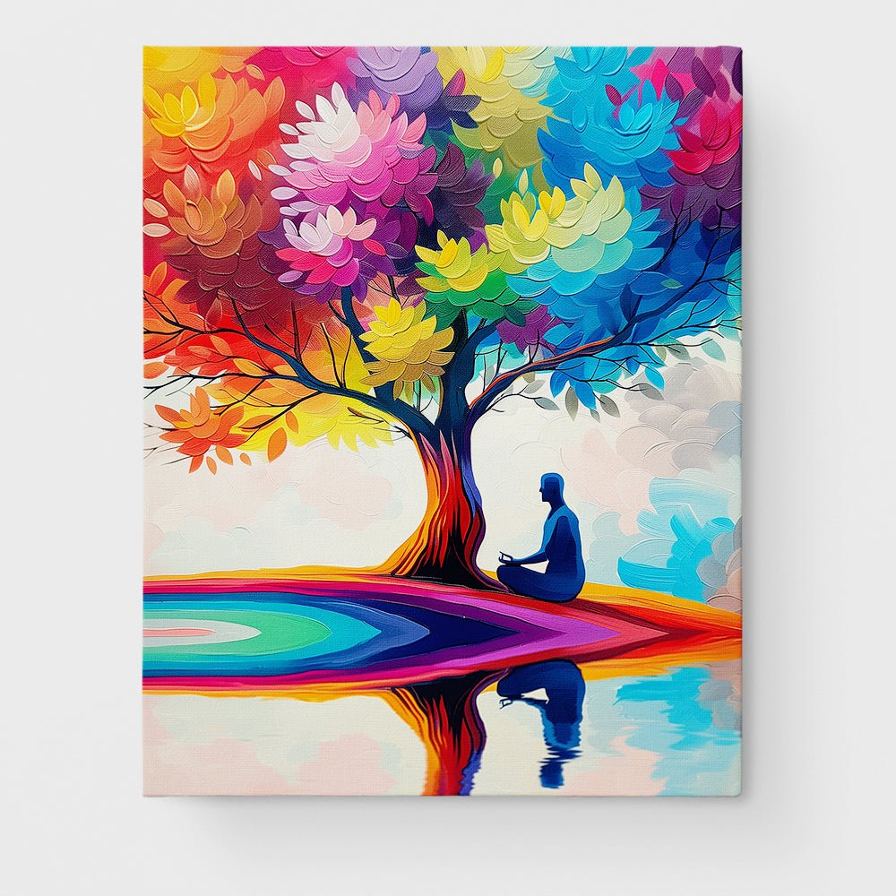 Fixed paint by numbers kit, 24 colors, 12x16in. Vibrant tree of life in bold hues inviting relaxation.