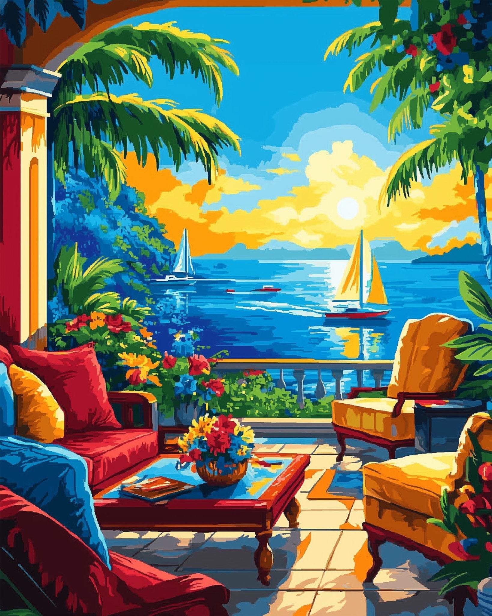 Tropical Balcony View - Sea Landscape - BestPaintByNumbers - Paint by Numbers Custom Kit