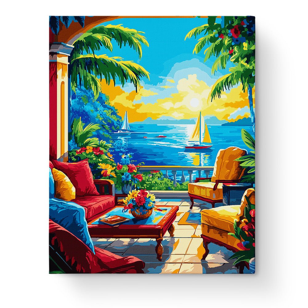 Tropical Balcony View - Sea Landscape - BestPaintByNumbers - Paint by Numbers Custom Kit