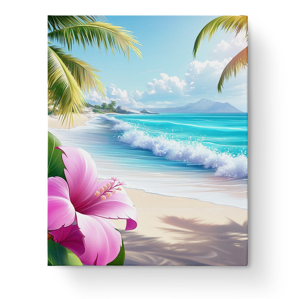 Tropical Beach with Pink Hibiscus - Sea Landscape - BestPaintByNumbers - Paint by Numbers Custom Kit