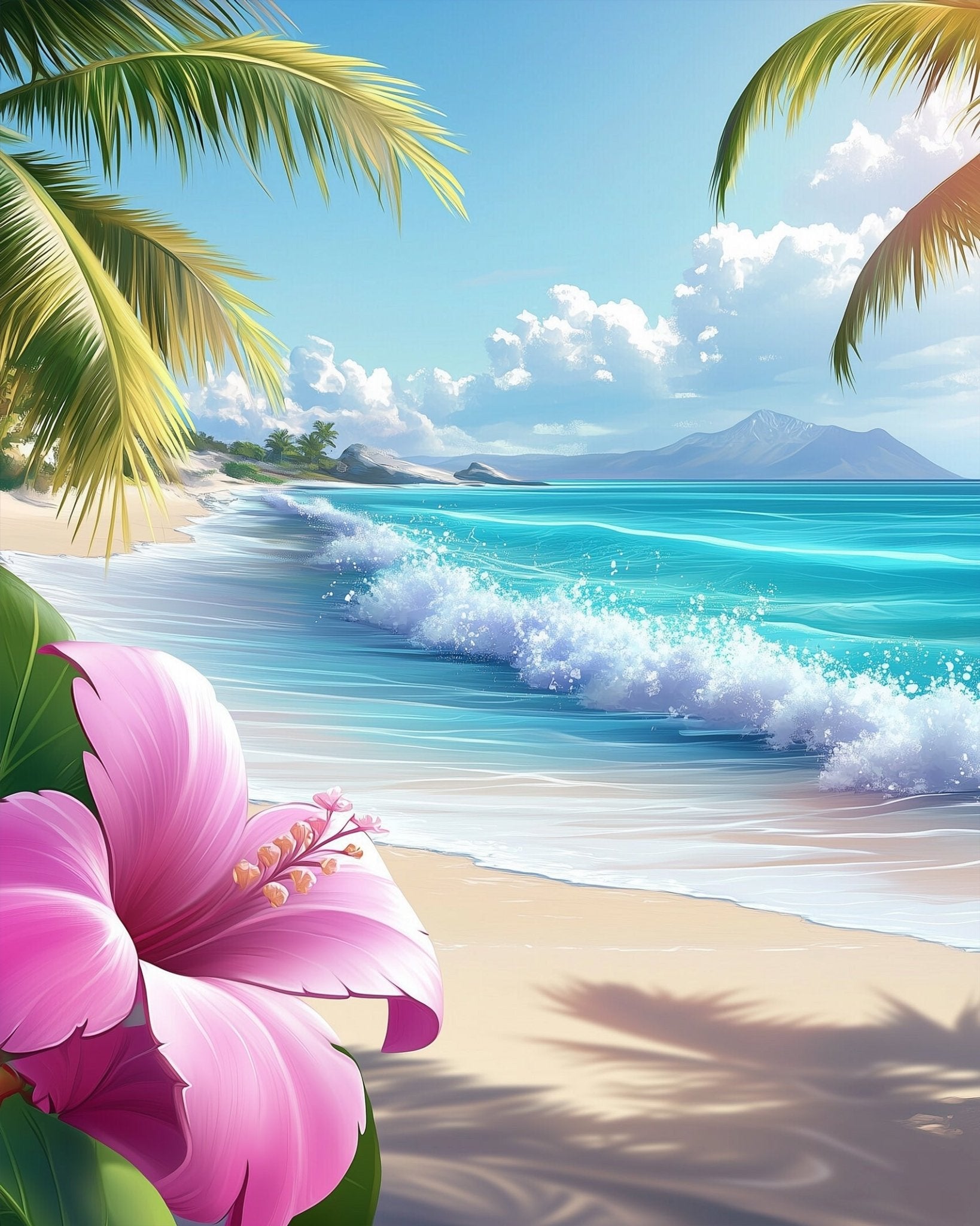 Tropical Beach with Pink Hibiscus - Sea Landscape - BestPaintByNumbers - Paint by Numbers Custom Kit