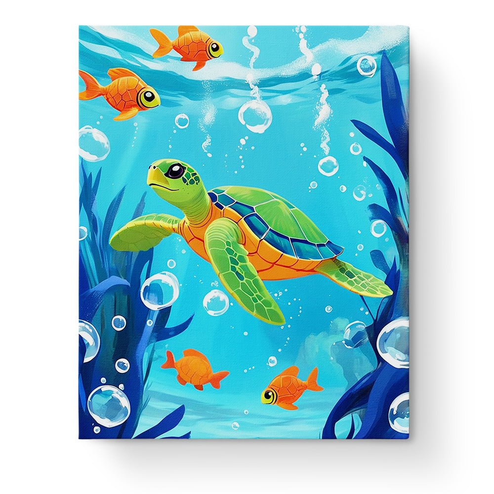 Fixed paint by numbers kit, 24 colors, 16x20in. Turtle and fish under the sea. A joyful art activity for kids.