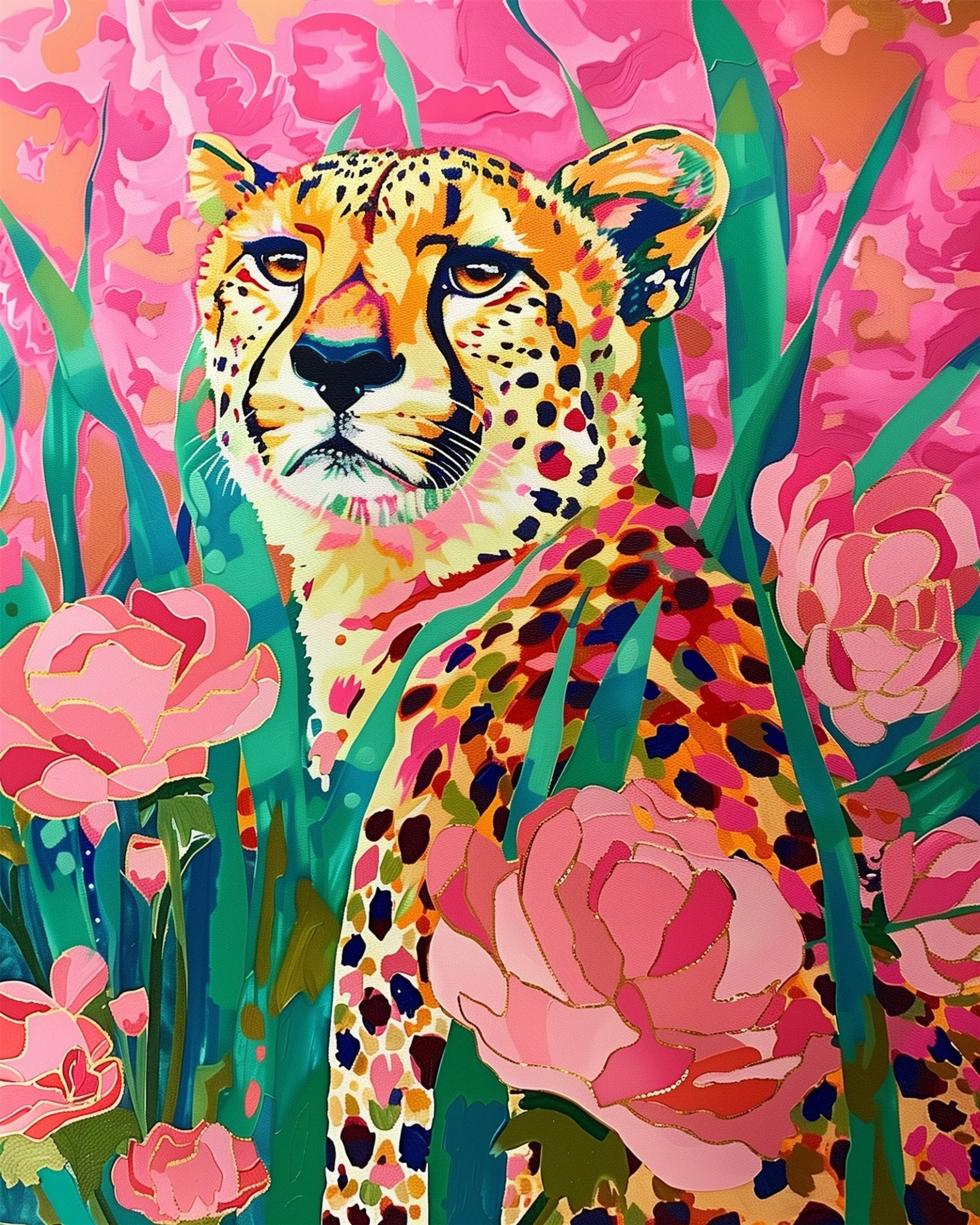 Vibrant Cheetah and Roses - Abstract Animals - BestPaintByNumbers - Paint by Numbers Custom Kit