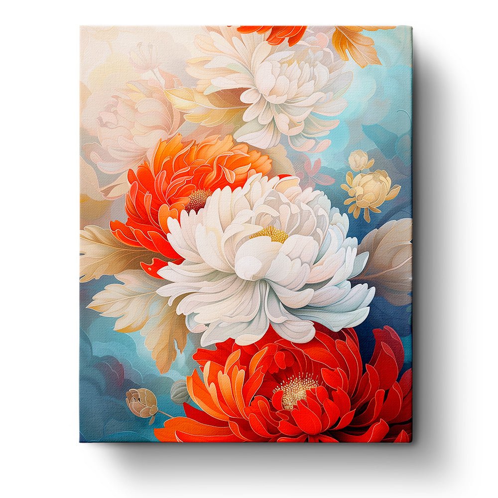 Fixed paint by numbers kit, 24 colors, 16x20in. Bold chrysanthemums in vibrant hues. Perfect for relaxation.