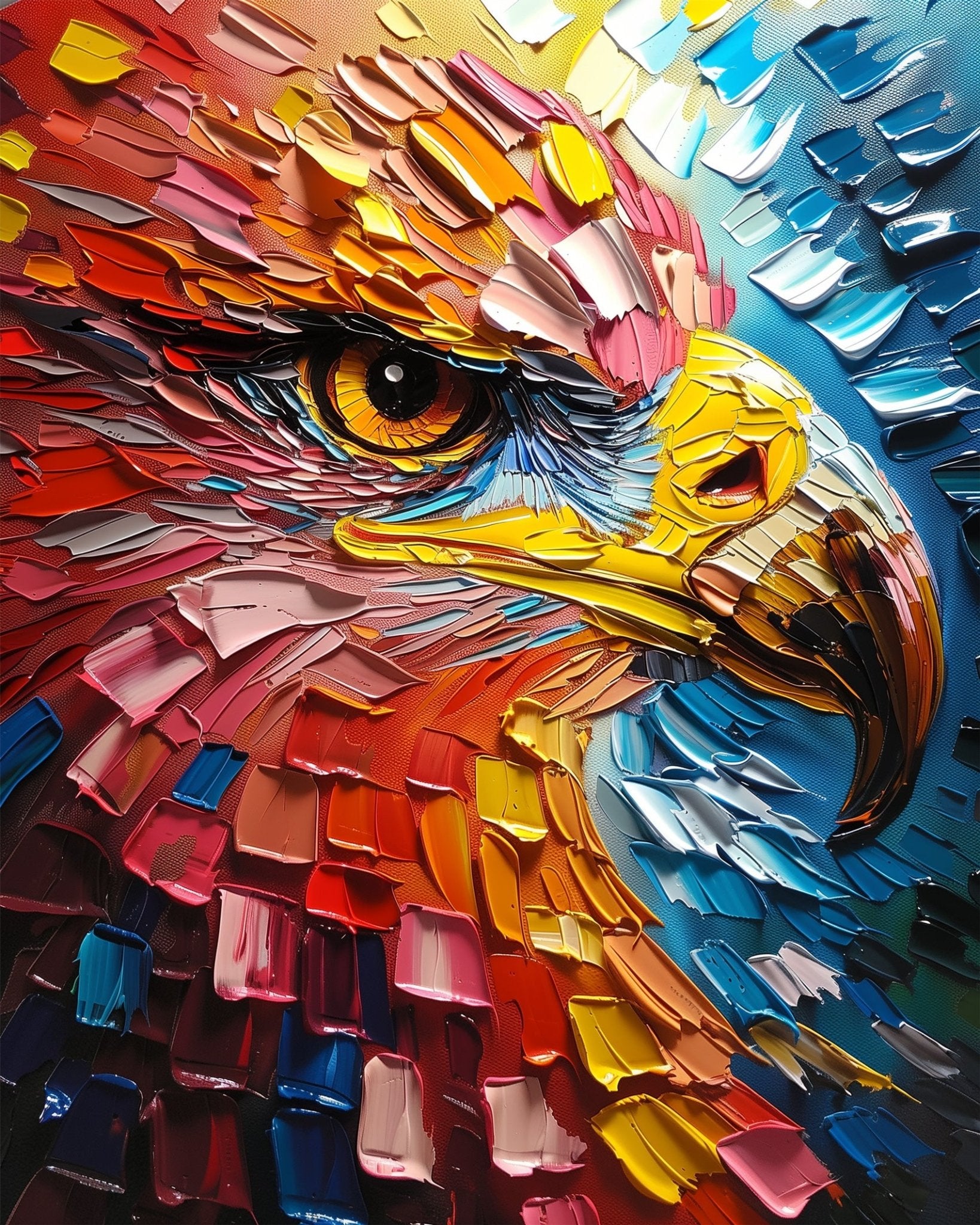 Fixed paint-by-number kit, 24 colors, 16x20in. Bold strokes capture an eagle's majesty. A calming and creative escape.