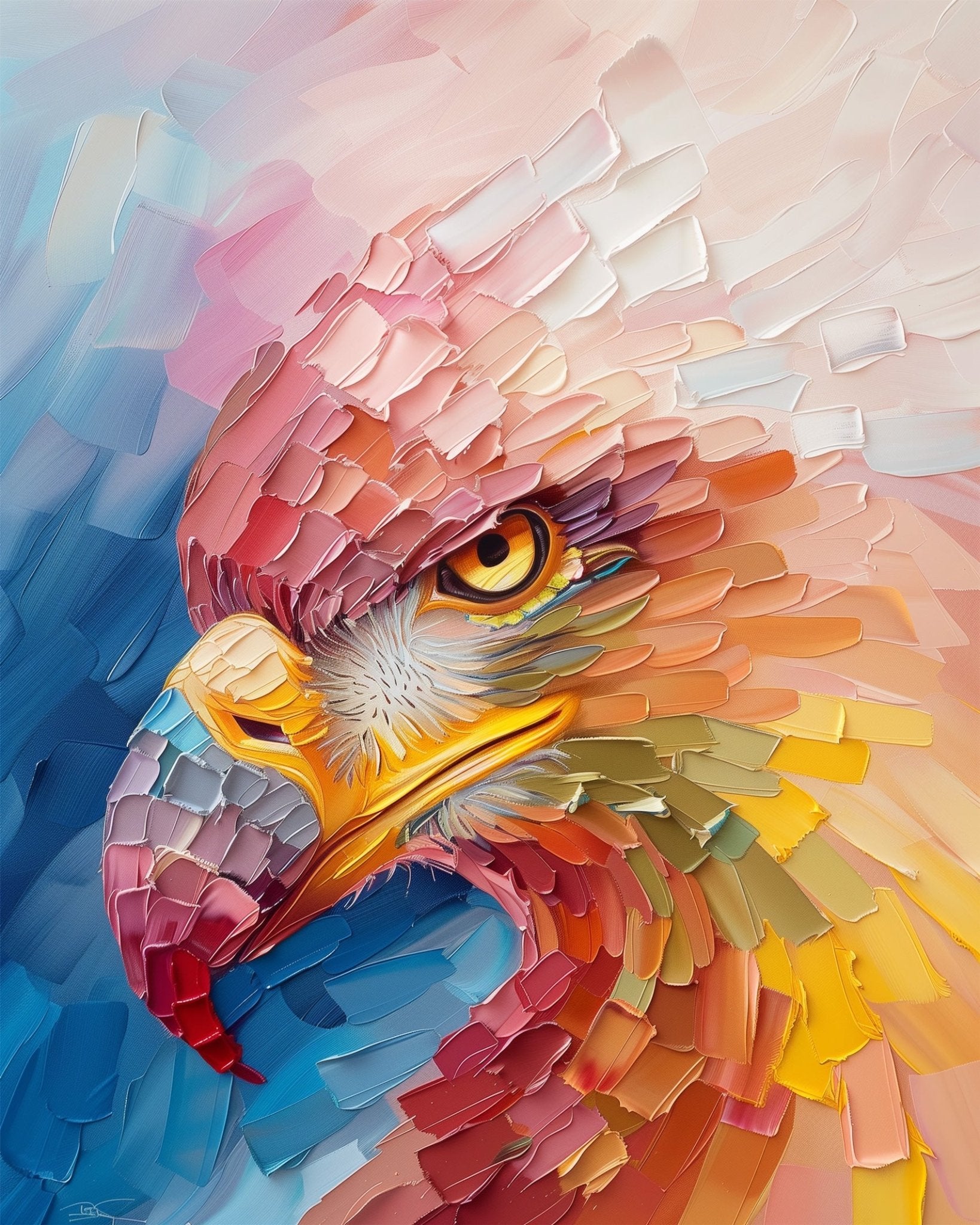 Fixed kit, 24 colors, 16x20in. Bold eagle portrait in vibrant tones. Perfect for a calm, artistic experience.