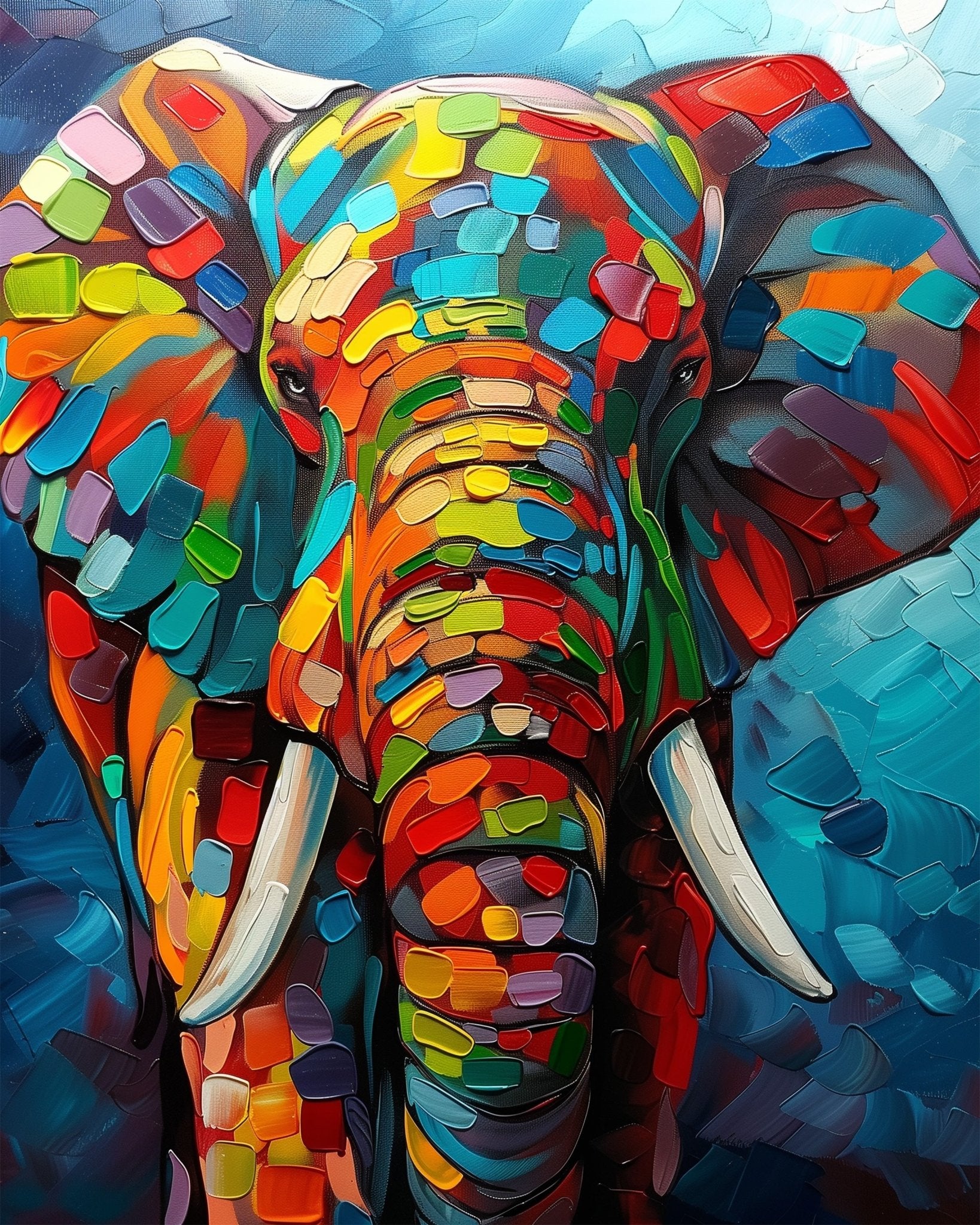 Fixed paint-by-number kit, 24 colors, 16x20in. Abstract elephant with vibrant hues. A calming and creative escape.