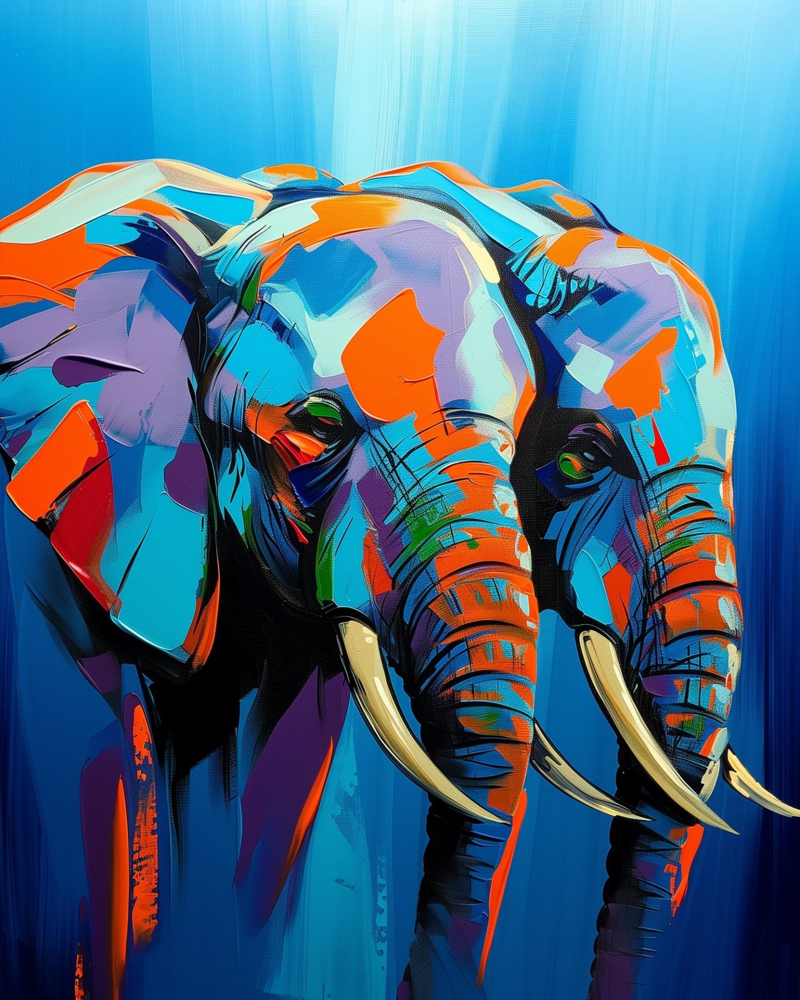 Fixed kit, 24 colors, 12x16in. Abstract vibrant elephants with bold strokes. Enjoy stress relief and mindful painting.