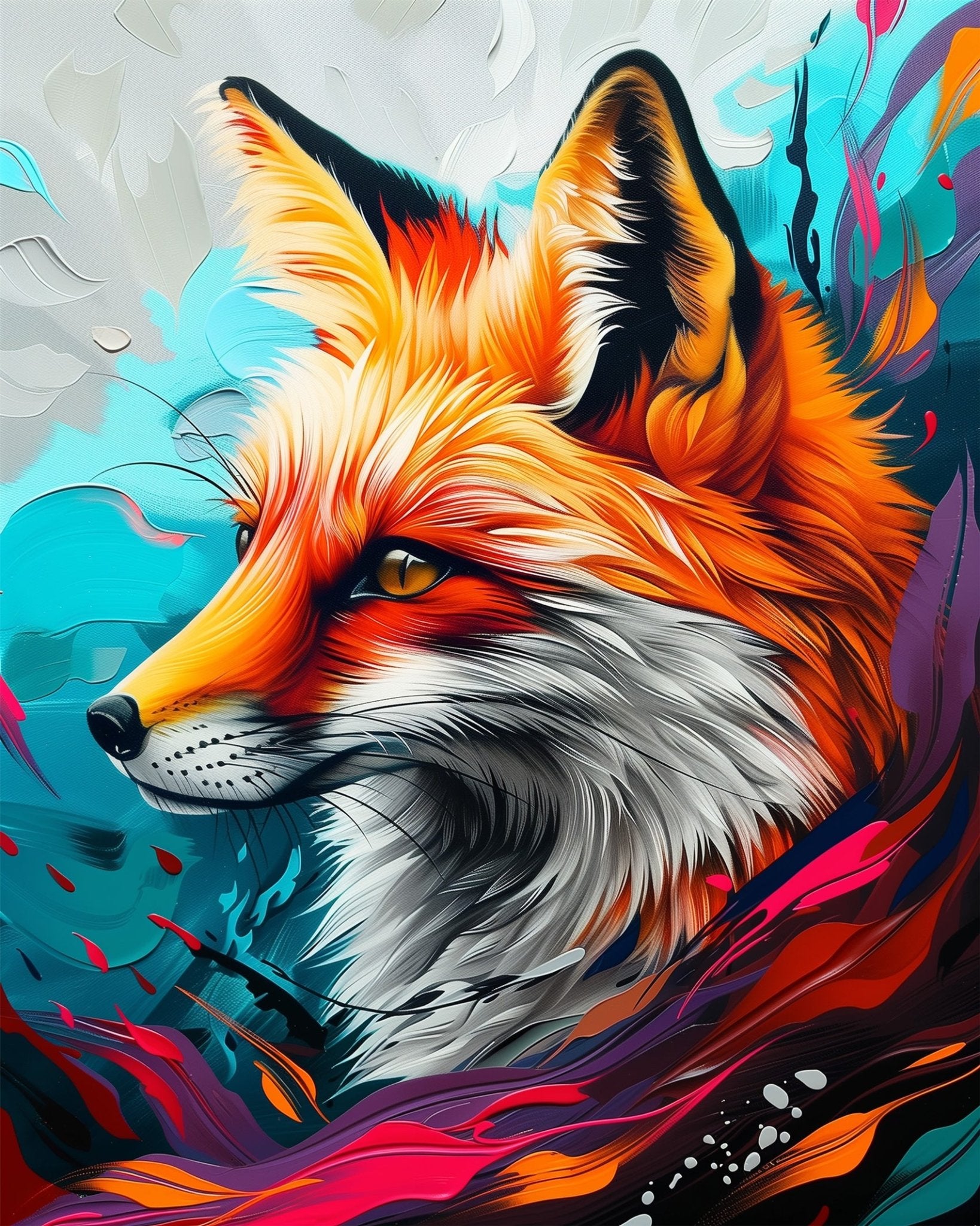 Fixed kit, 24 colors, 16x20in. Captivating fox portrait in vibrant hues. Perfect for mindfulness and creativity.