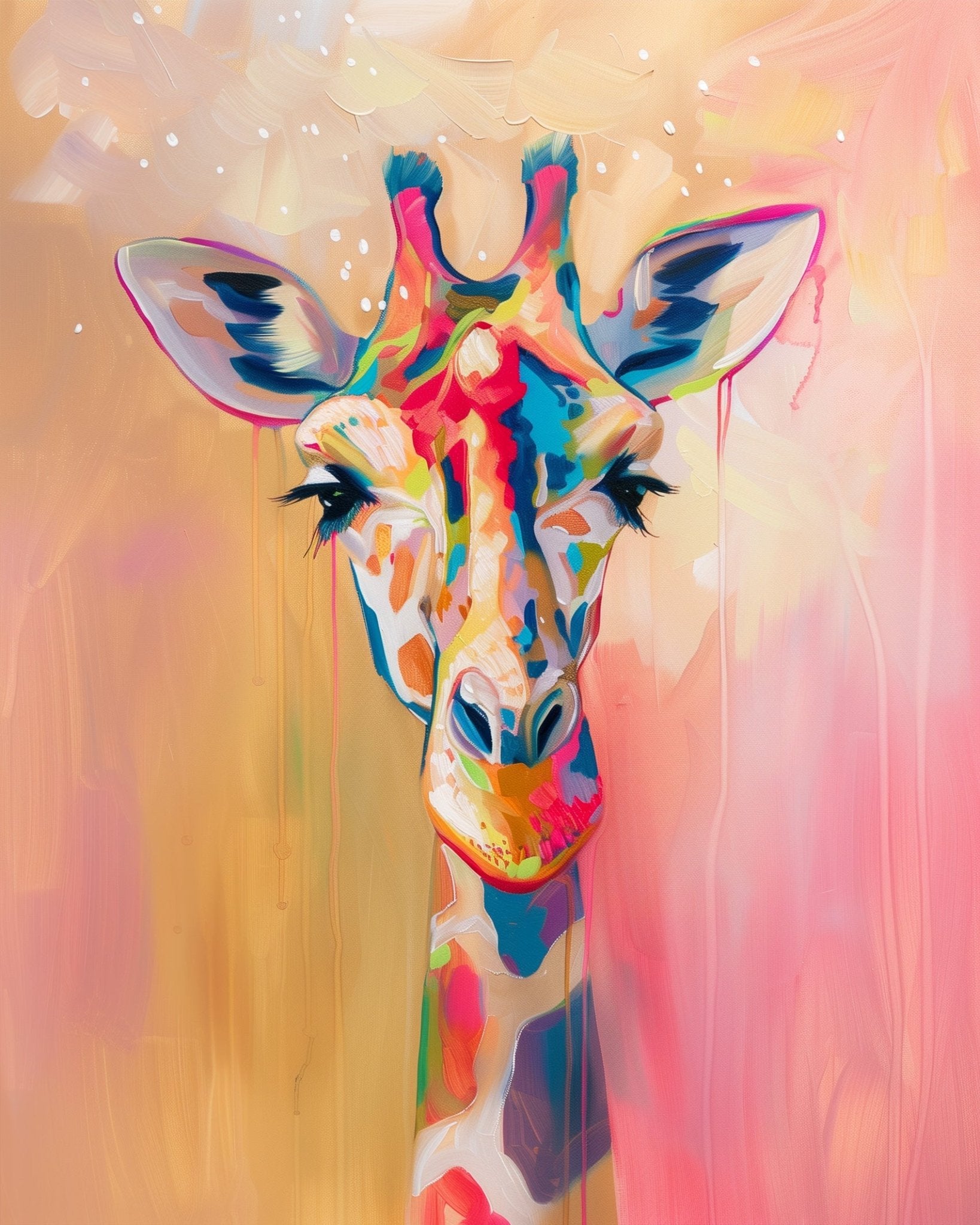 Fixed paint-by-number kit, 24 colors, 12x16in. Bright giraffe art with abstract hues. Promotes creativity and stress relief.