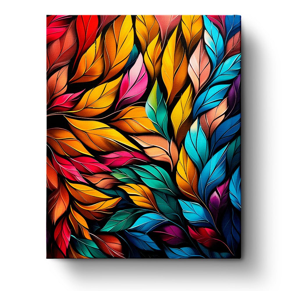 Fixed paint by numbers kit, 24 colors. Vibrant leaves with bold strokes. An ideal relaxing activity.