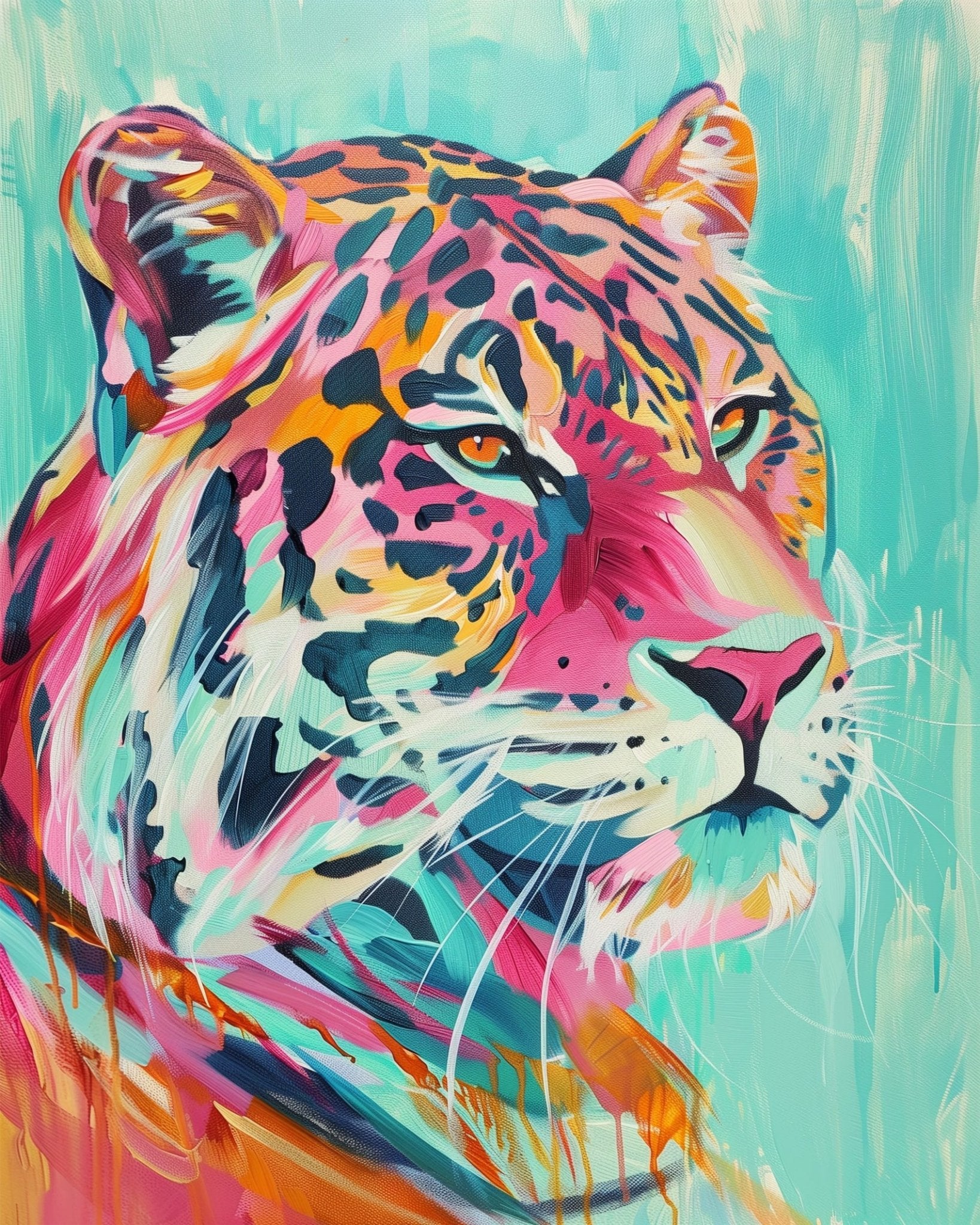 Fixed paint by numbers, 24 colors, 16x20in. Bright abstract leopard art. Ideal for stress relief and creative flow.