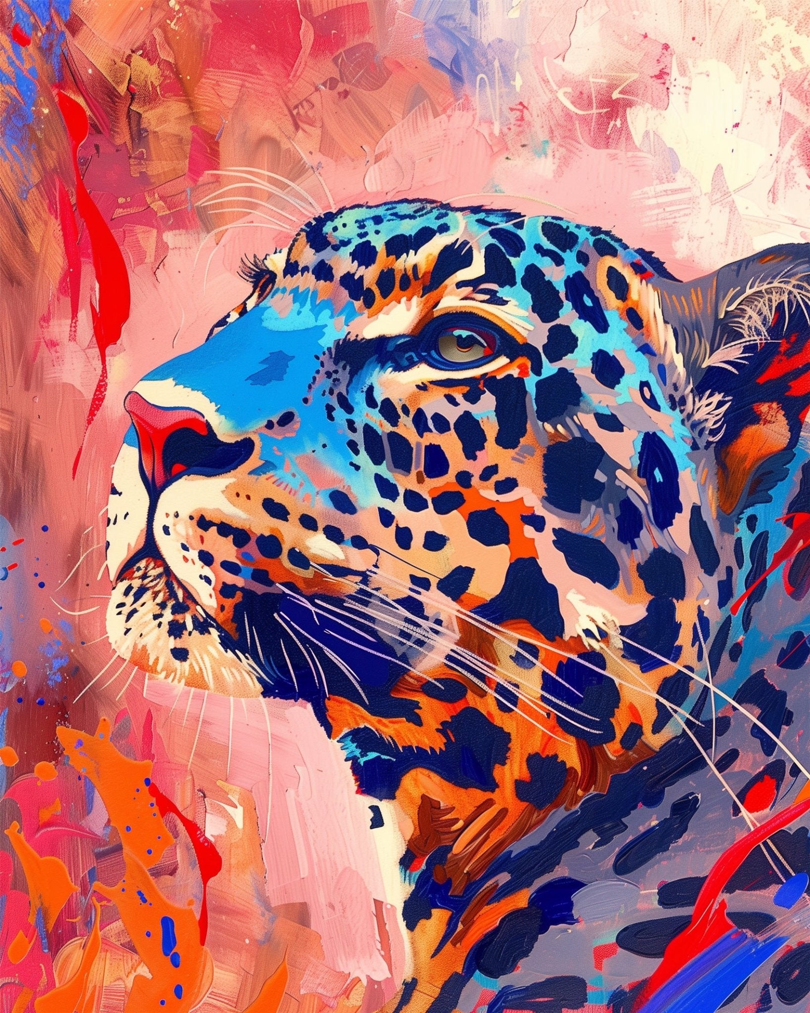 Fixed paint by numbers kit, 24 colors, 12x16in. Abstract leopard with vibrant hues. Offers a mindful painting journey.