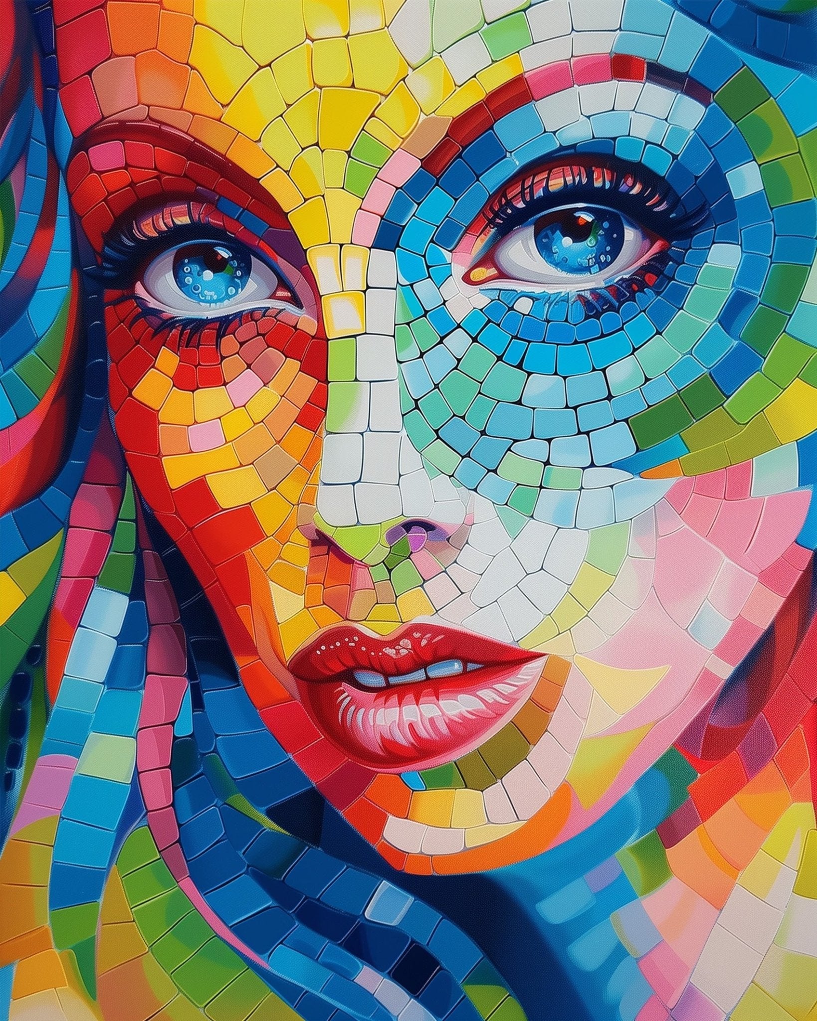 Fixed kit, 24 colors, 12x16in. Colorful mosaic portrait. Engage in stress relief and mindful art with BestPaintByNumbers.