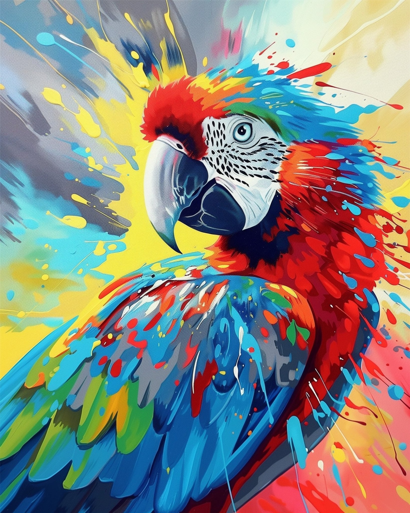 Fixed kit, 24 colors, 16x20in. Abstract parrot with bold strokes. Perfect for stress-free and enjoyable painting.