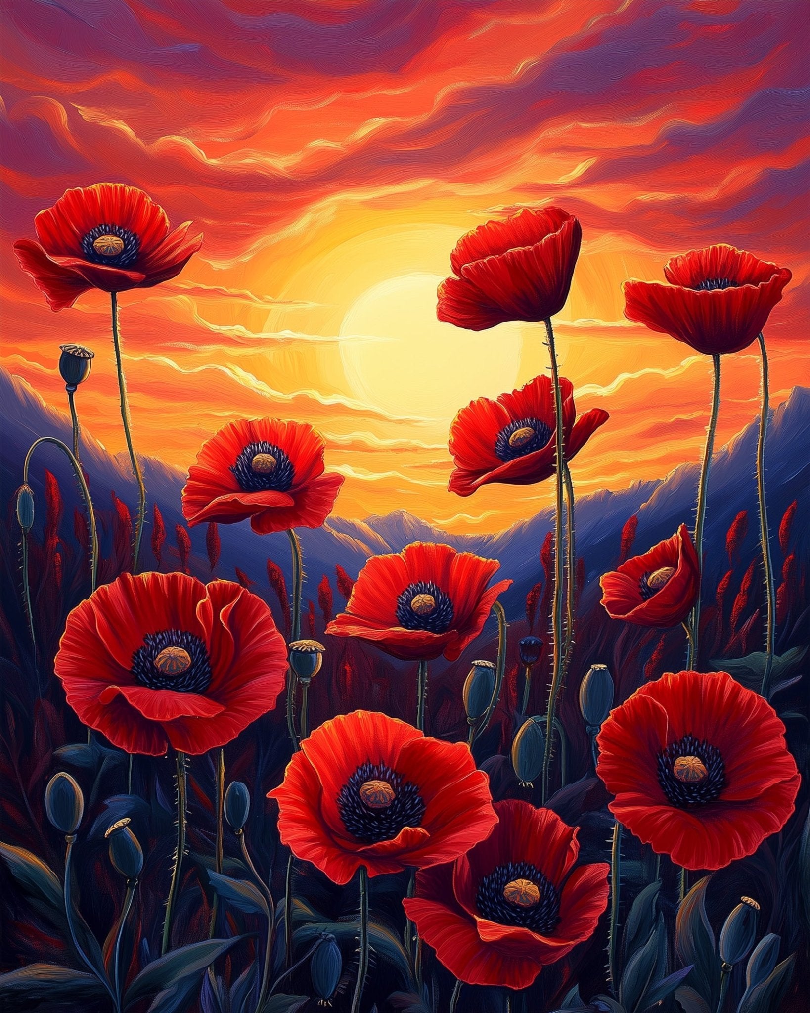 Vibrant Poppy Sunset - Landscape - BestPaintByNumbers - Paint by Numbers Custom Kit