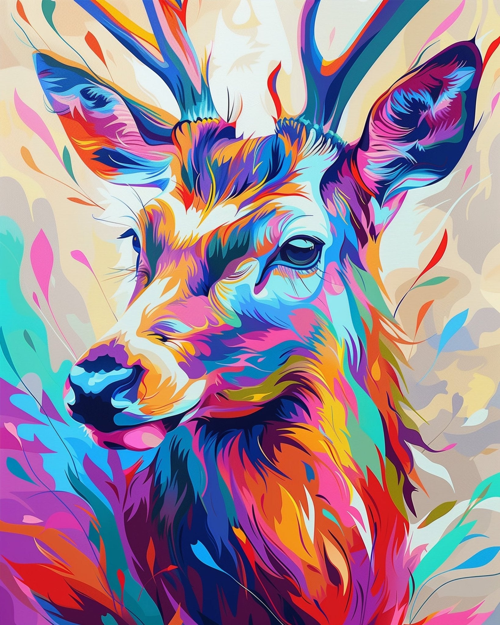 BestPaintByNumbers fixed kit, 24 colors, 12x16in. Abstract stag with lively colors, perfect for stress-relieving art.