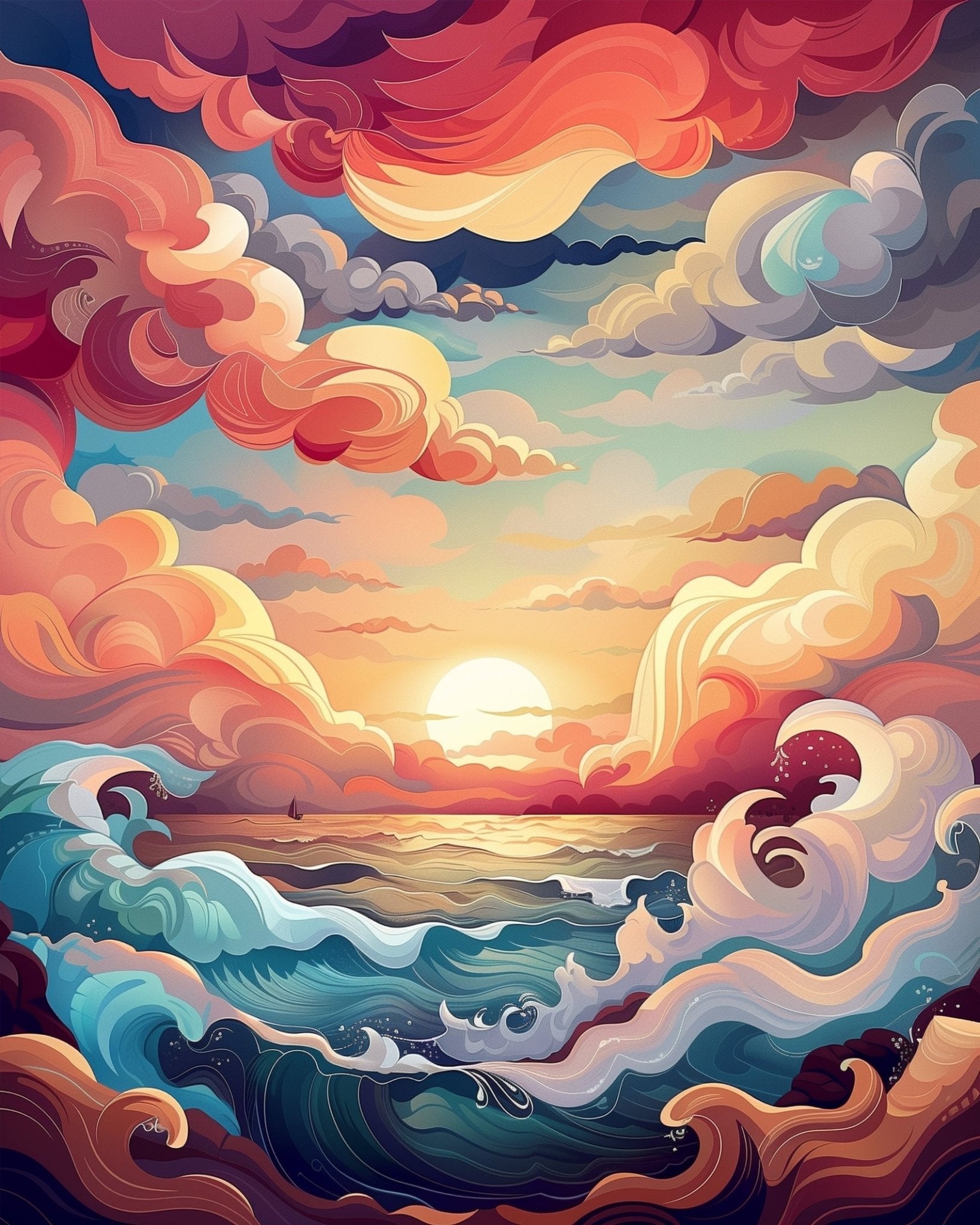 Vibrant Sunset Waves - Sea Landscape - BestPaintByNumbers - Paint by Numbers Custom Kit