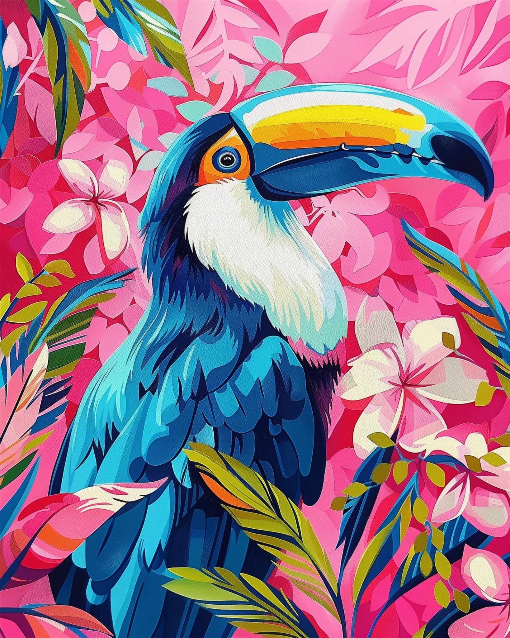 Fixed kit, 24 colors, 12x16in. Colorful toucan in bold patterns. Perfect for stress relief and art enthusiasts.